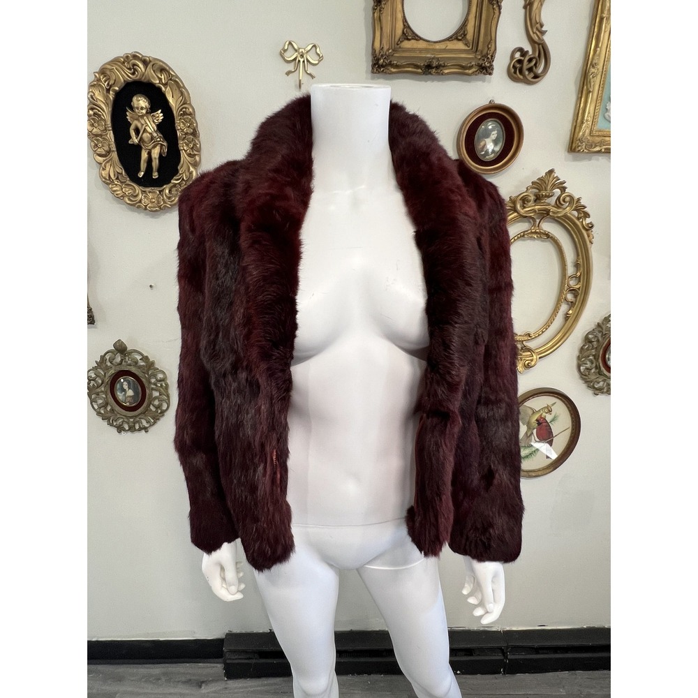Vintage Maroon Dyed Genuine Rabbit Fur Short Jacket Coat Size M Made in Korea